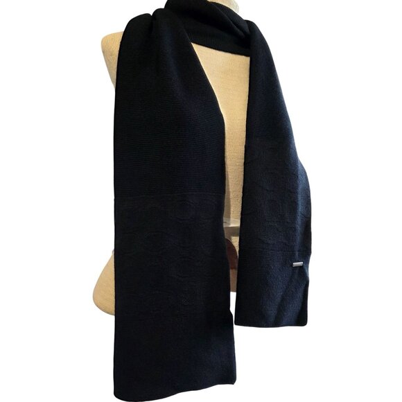 Coach Signature Black Knit Scarf Embossed F32711 Classic Preppy Sleek Designer - Picture 3 of 6